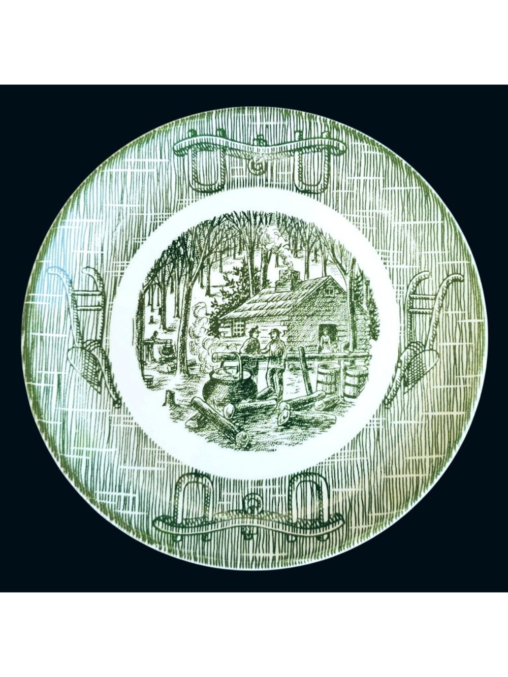 Vintage Green Transferware Currier Ives Log Cabin Pioneer Plate 8" Royal China